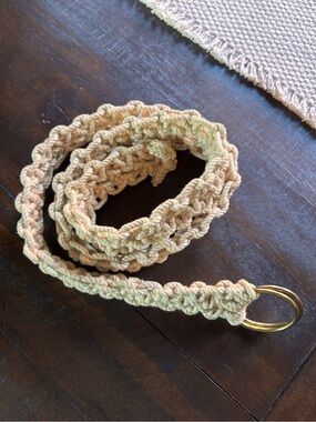 Handmade Macramé Belt with Gold Ring - Beige